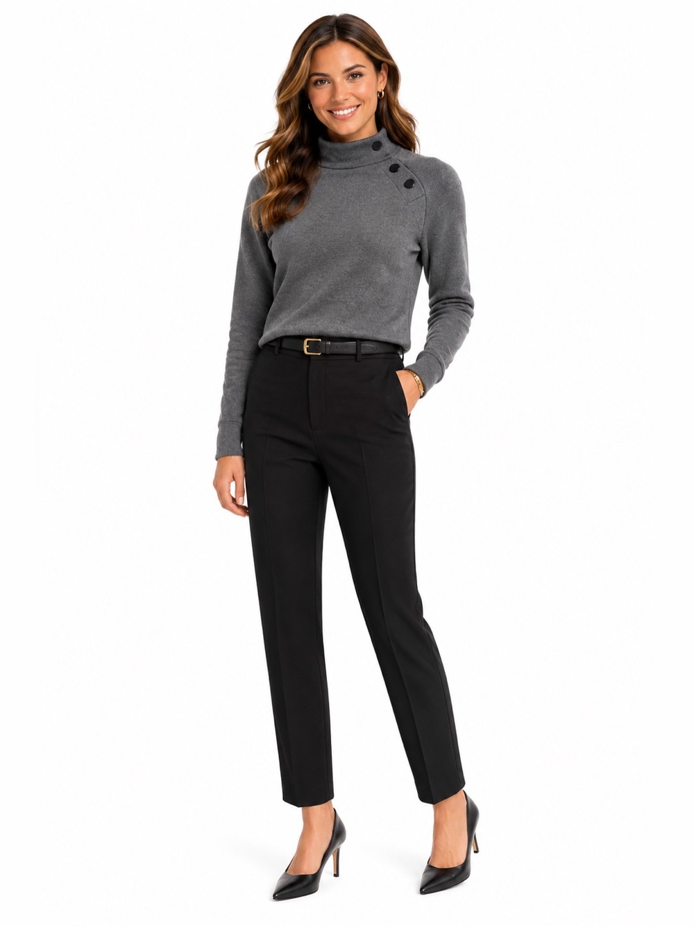 LOFT Gray Button-Shoulder Mock Neck Sweater